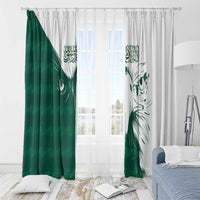 Green and white window curtain panels with falcon print and Arabic motifs; two-panel set