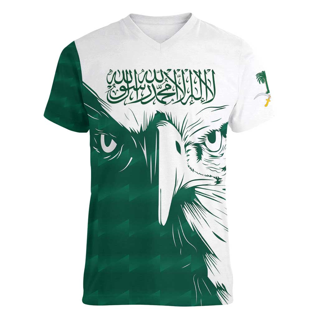 Saudi Arabia Falcon Women V-Neck T-Shirt Simple Saudi Pattern - Wonder Print Shop