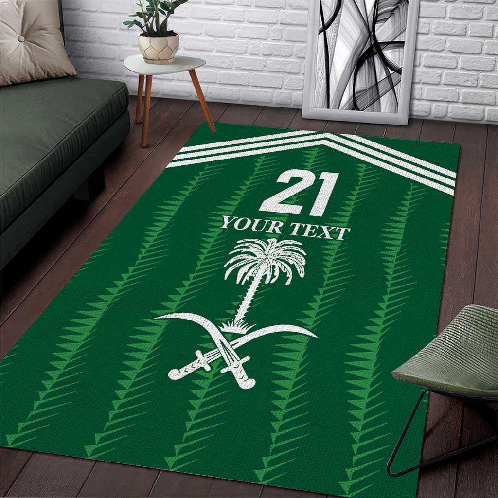 Green area rug with '21' and 'YOUR TEXT', palm and sword graphic