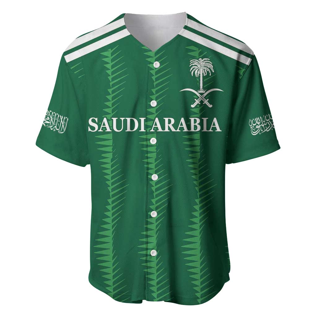 Green Saudi Arabia football baseball jersey with white stripes, button front, crest detail