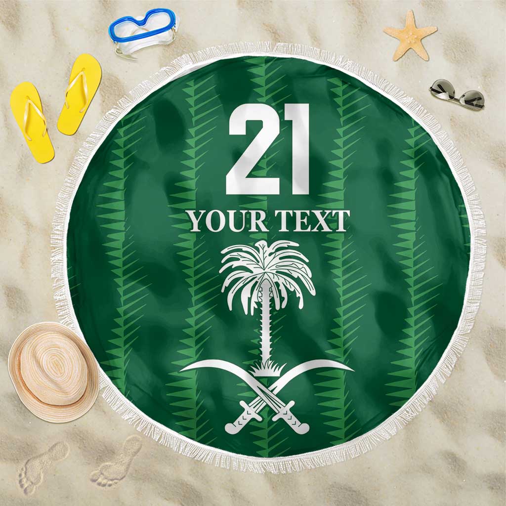 Green round beach blanket with fringe edge, 21 and “Your Text” palm tree graphic