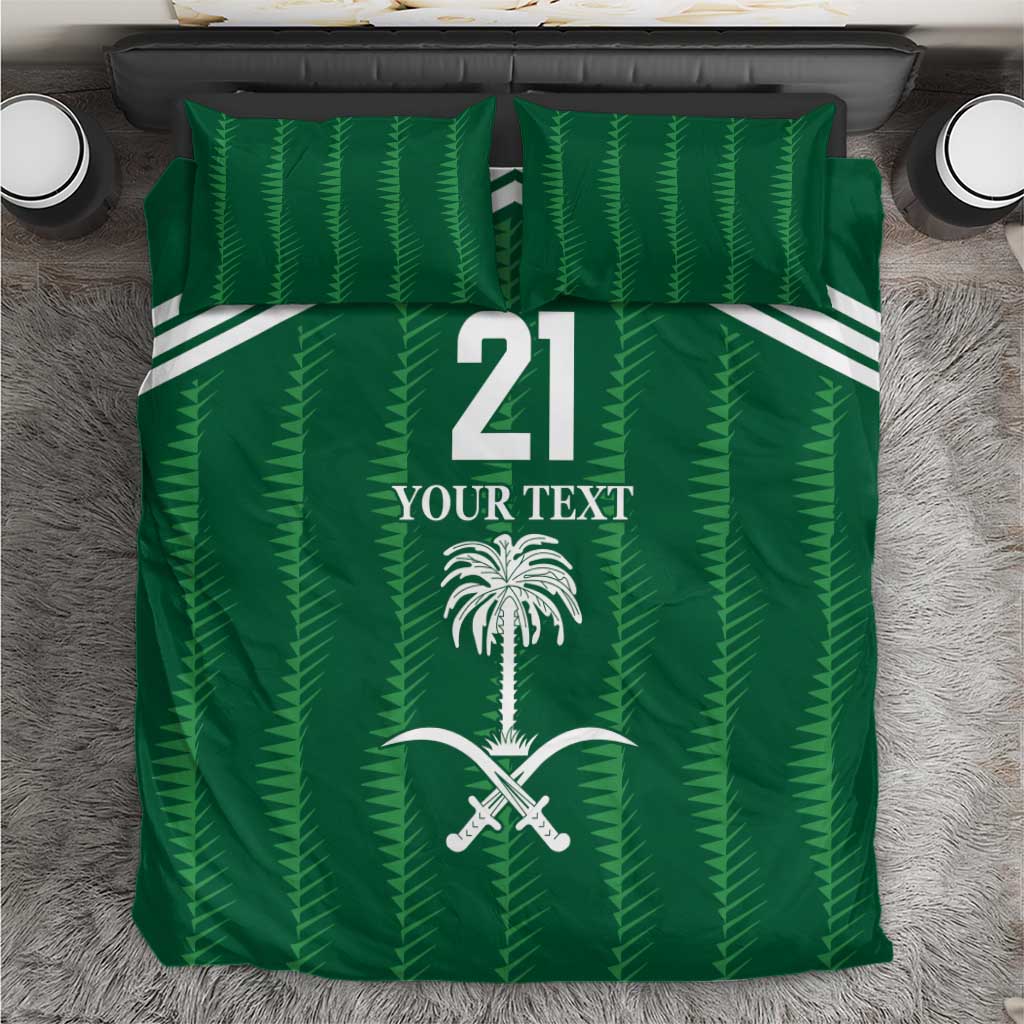 Green football bedding set with two pillows and duvet featuring palm tree and crossed swords.