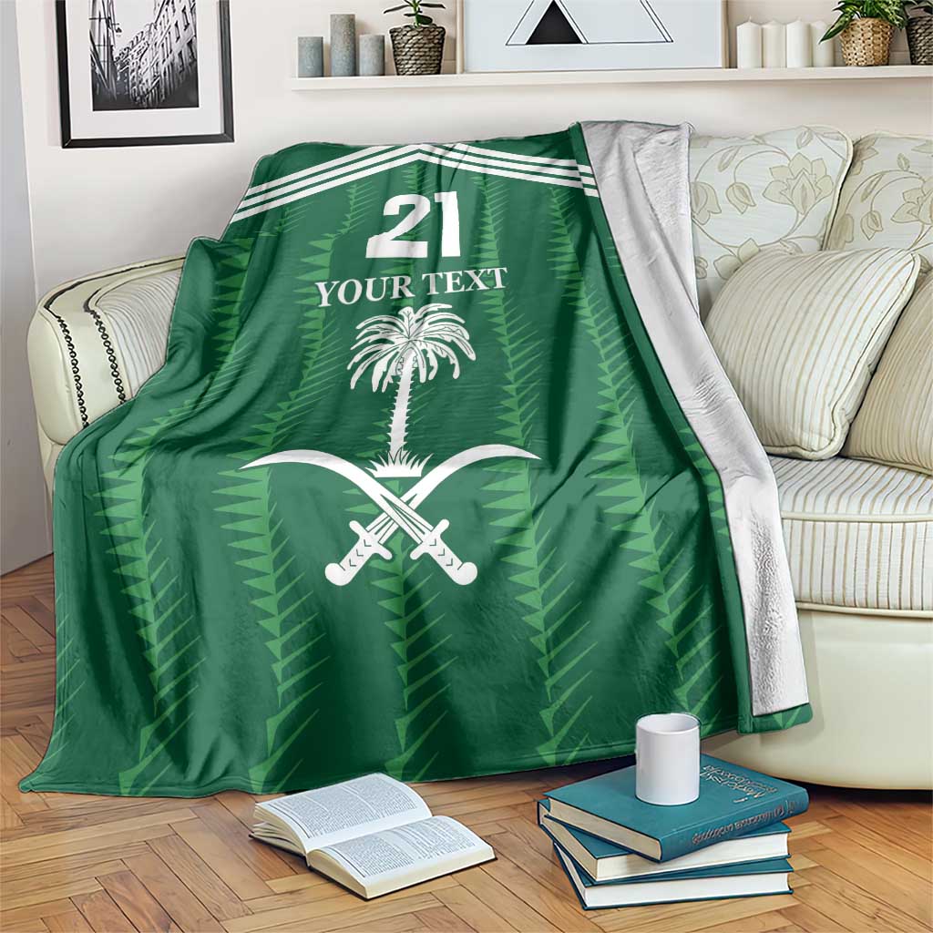 Green football-themed blanket with chevron stripes, “21” and palm graphic, custom text area