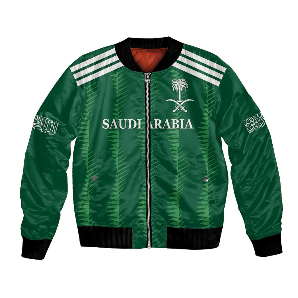 Green unisex football bomber jacket with front zip, white stripes, and Saudi Arabia graphic