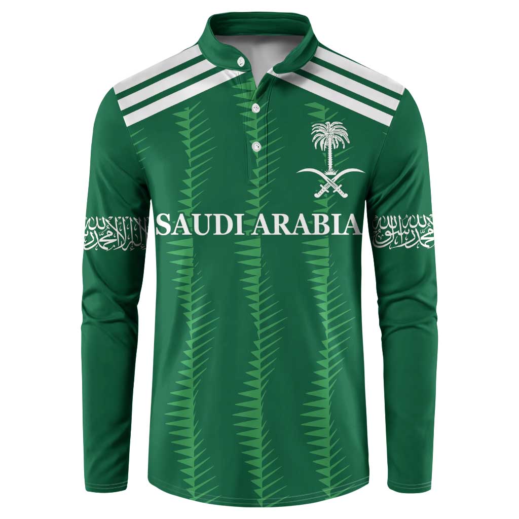 Green button-up football sweatshirt with white shoulder stripes and Saudi crest graphic