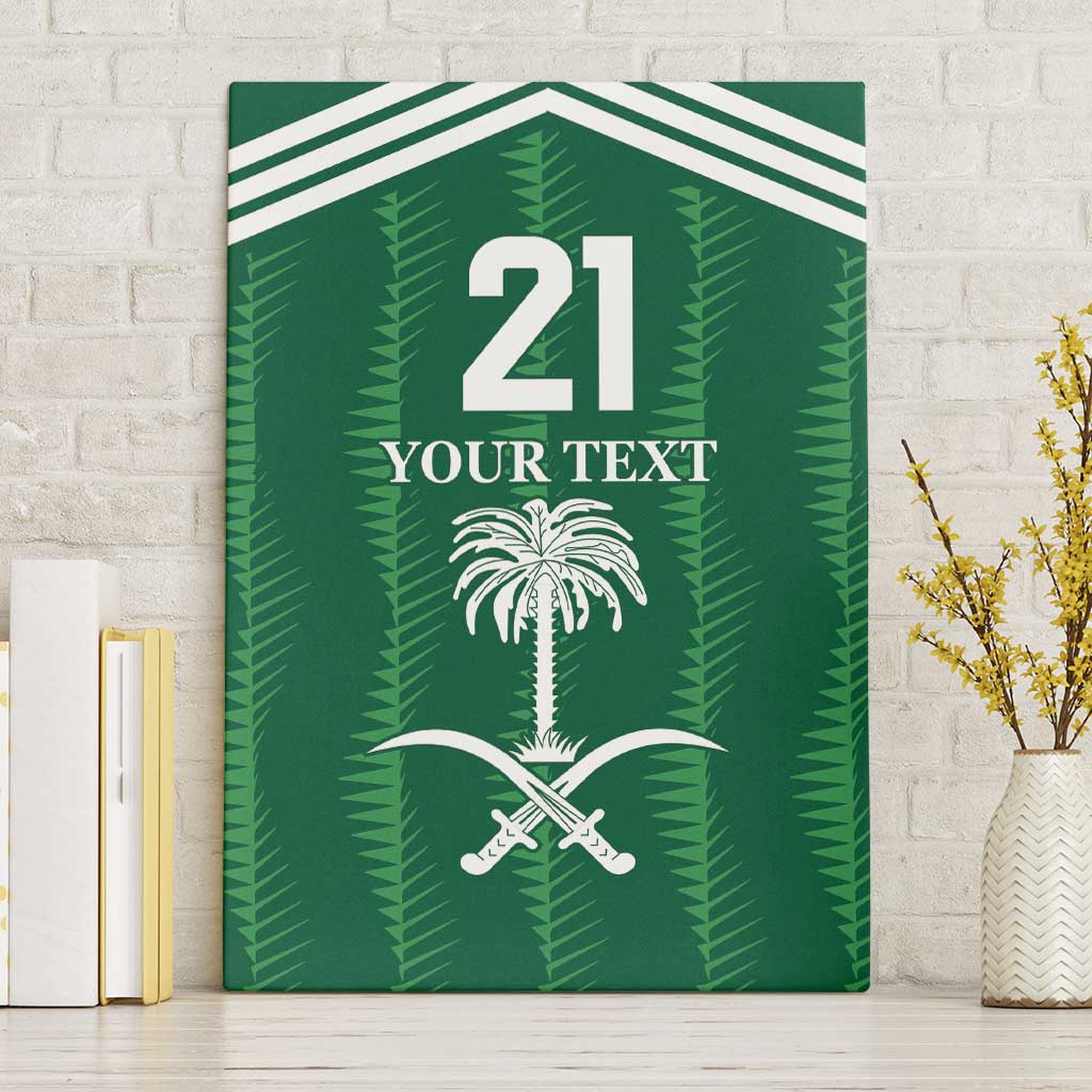 Green canvas wall art with number 21, palm tree and crossed swords over custom text