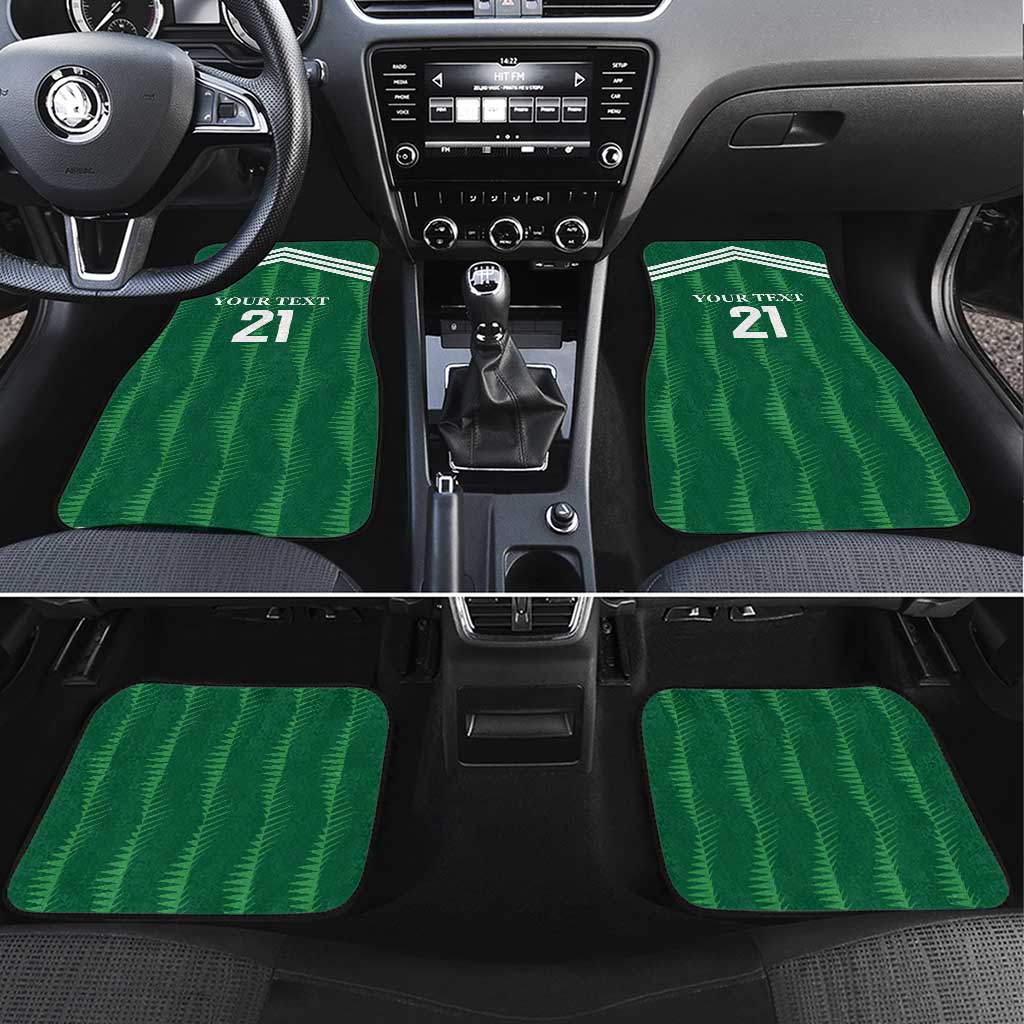 Green custom car floor mats set of 4, 'Your Text 21' design for front and rear footwells.