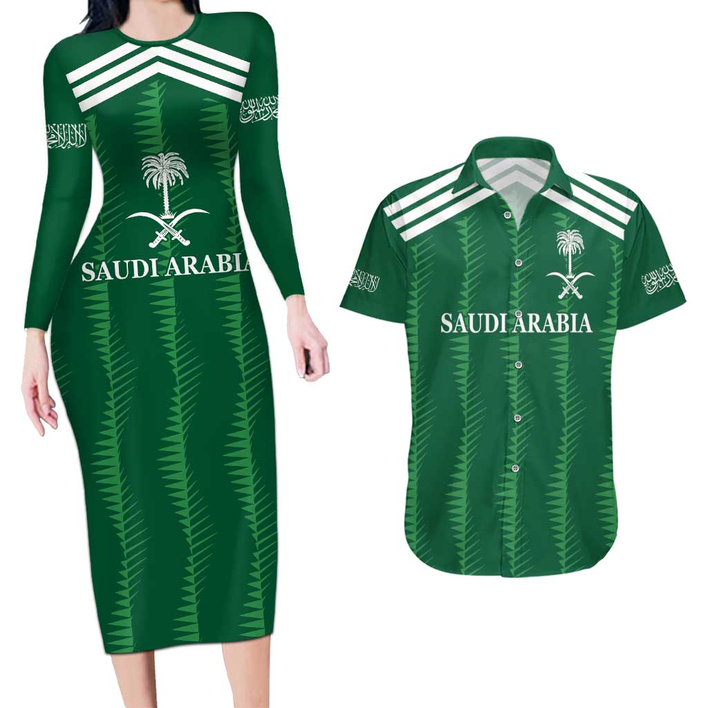 Custom Saudi Arabia Football Couples Matching Long Sleeve Bodycon Dress and Hawaiian Shirt Green Al -Arabiyyah Concept 23-2024 LT9 - Wonder Print Shop