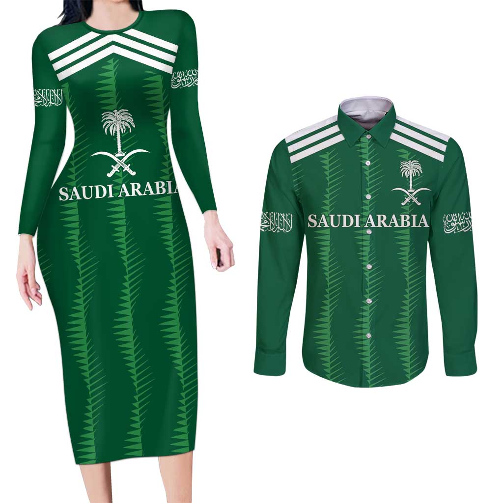 Custom Saudi Arabia Football Couples Matching Long Sleeve Bodycon Dress and Long Sleeve Button Shirt Green Al -Arabiyyah Concept 23-2024 LT9 - Wonder Print Shop