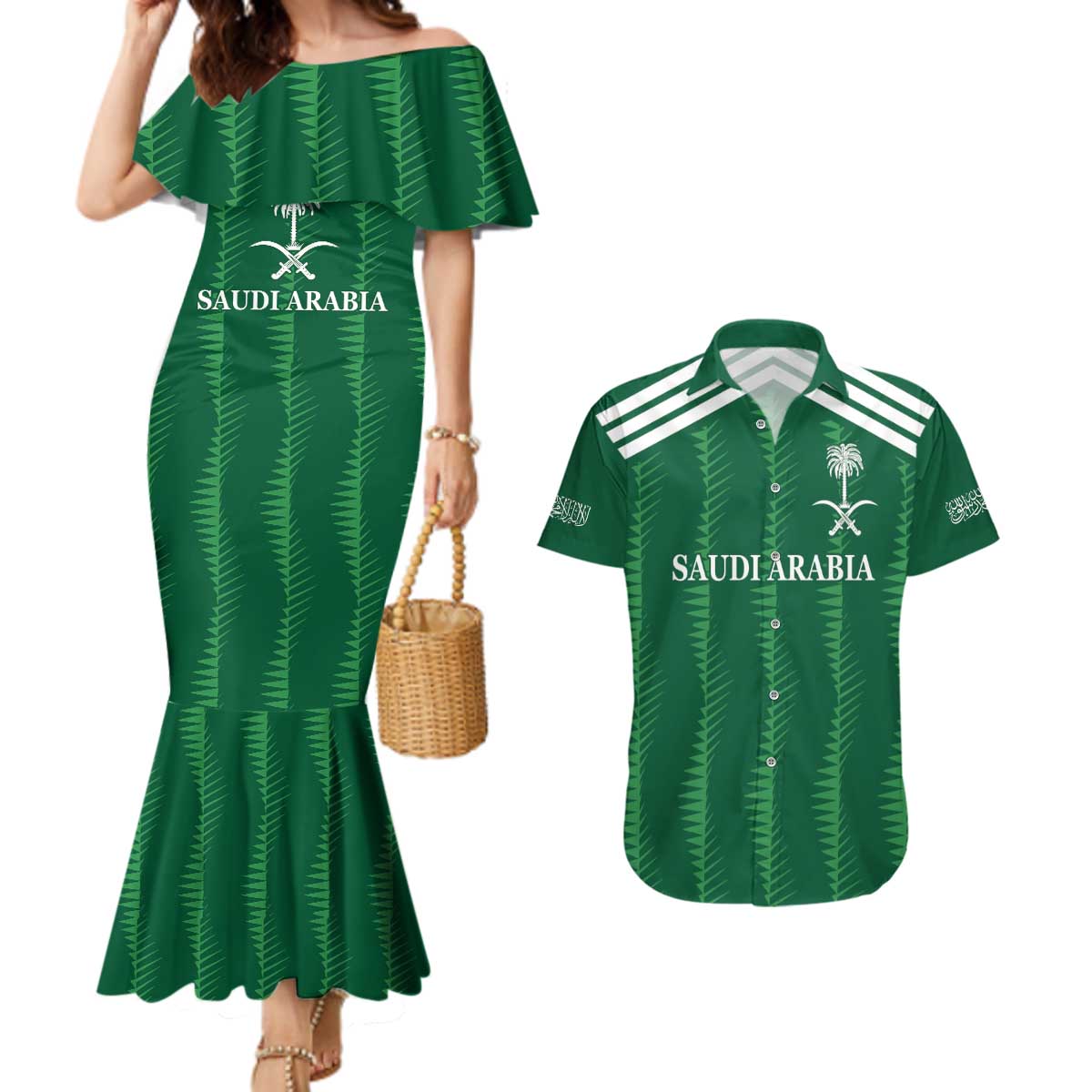 Custom Saudi Arabia Football Couples Matching Mermaid Dress and Hawaiian Shirt Green Al -Arabiyyah Concept 23-2024 LT9 - Wonder Print Shop