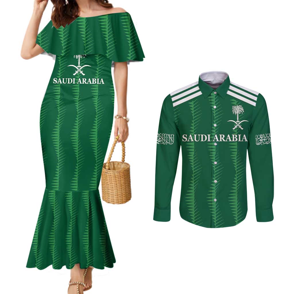 Custom Saudi Arabia Football Couples Matching Mermaid Dress and Long Sleeve Button Shirt Green Al -‘Arabiyyah Concept 23-2024