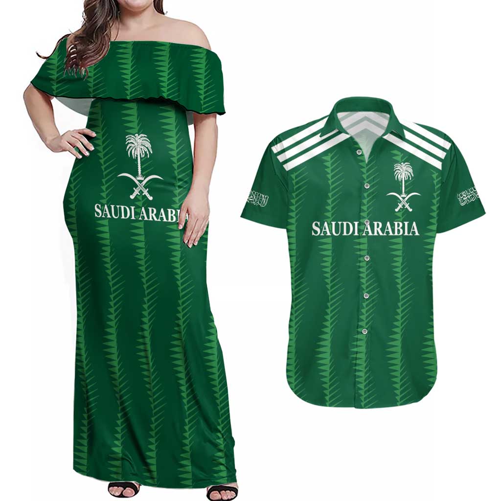 Custom Saudi Arabia Football Couples Matching Off Shoulder Maxi Dress and Hawaiian Shirt Green Al -Arabiyyah Concept 23-2024 LT9 - Wonder Print Shop