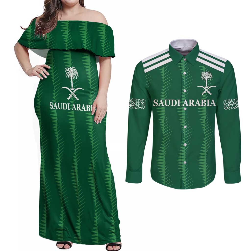 Custom Saudi Arabia Football Couples Matching Off Shoulder Maxi Dress and Long Sleeve Button Shirt Green Al -Arabiyyah Concept 23-2024 LT9 - Wonder Print Shop