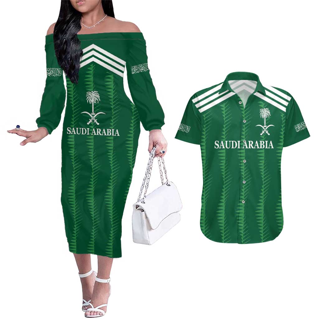 Custom Saudi Arabia Football Couples Matching Off The Shoulder Long Sleeve Dress and Hawaiian Shirt Green Al -Arabiyyah Concept 23-2024 LT9 - Wonder Print Shop