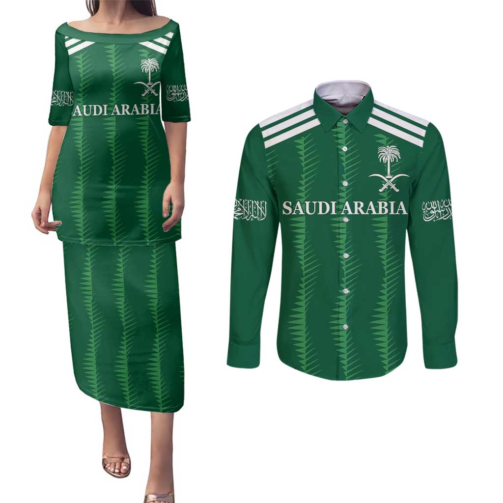 Custom Saudi Arabia Football Couples Matching Puletasi and Long Sleeve Button Shirt Green Al -Arabiyyah Concept 23-2024 LT9 - Wonder Print Shop