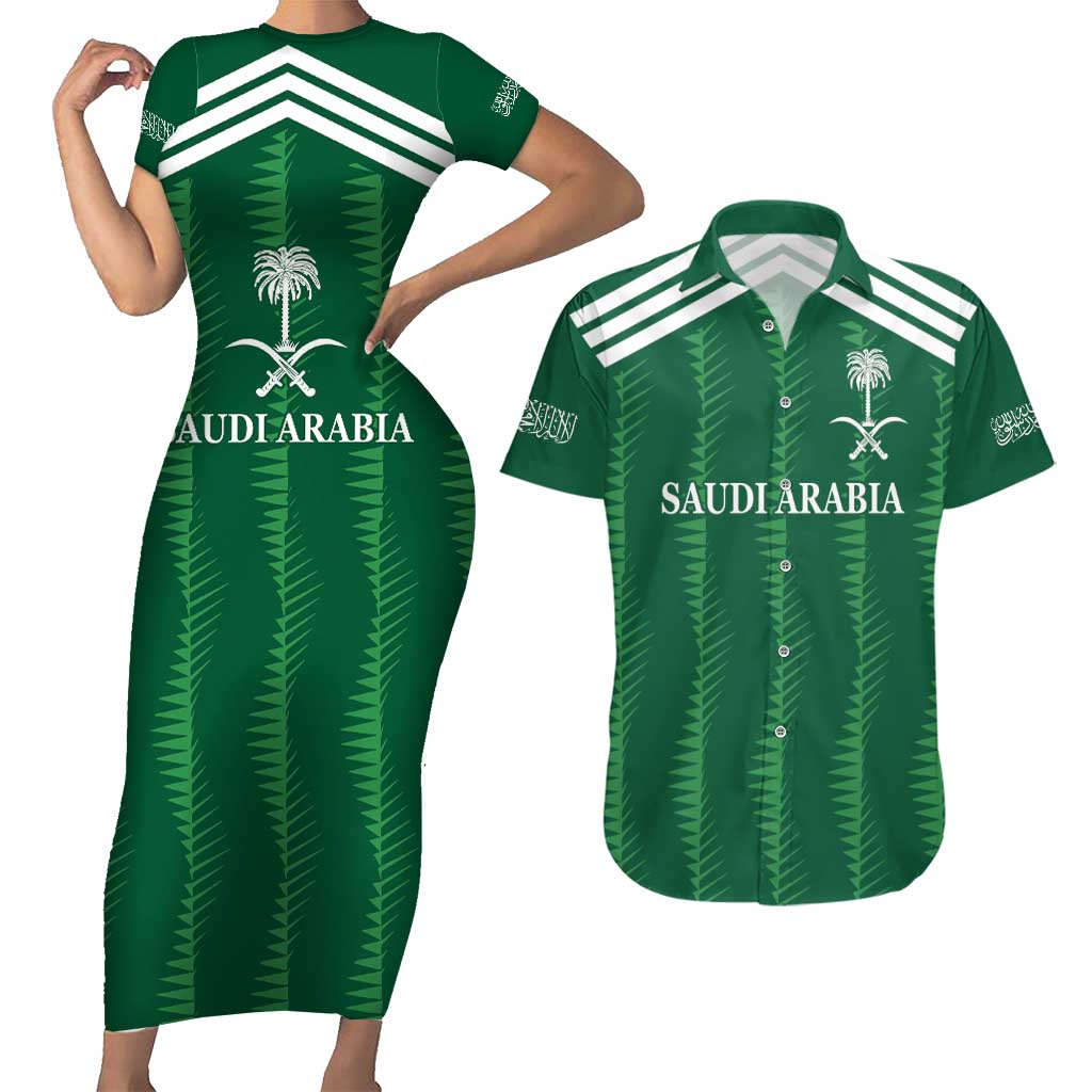 Custom Saudi Arabia Football Couples Matching Short Sleeve Bodycon Dress and Hawaiian Shirt Green Al -Arabiyyah Concept 23-2024 LT9 - Wonder Print Shop