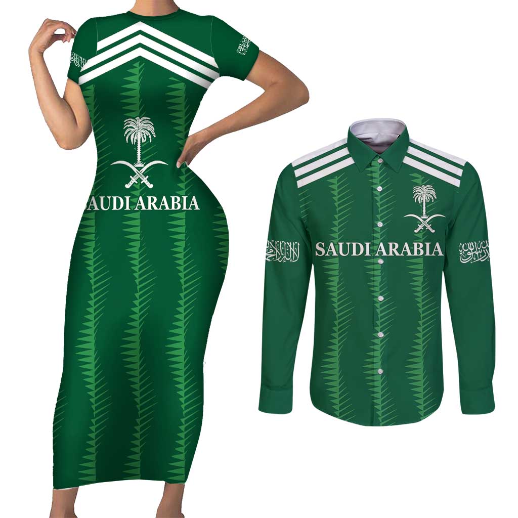 Custom Saudi Arabia Football Couples Matching Short Sleeve Bodycon Dress and Long Sleeve Button Shirt Green Al -Arabiyyah Concept 23-2024 LT9 - Wonder Print Shop