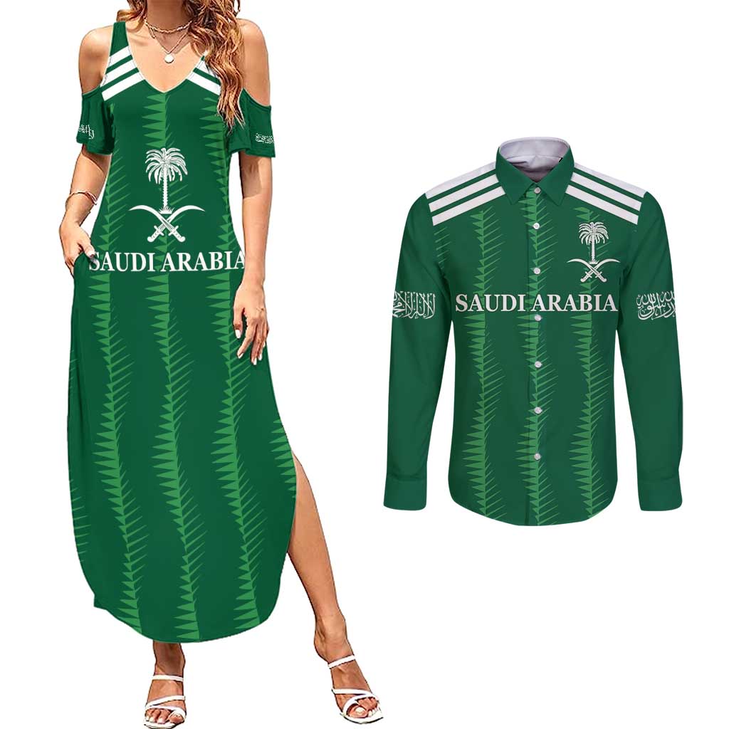 Custom Saudi Arabia Football Couples Matching Summer Maxi Dress and Long Sleeve Button Shirt Green Al -Arabiyyah Concept 23-2024 LT9 - Wonder Print Shop