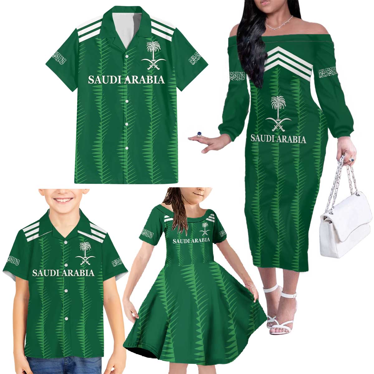 Custom Saudi Arabia Football Family Matching Off The Shoulder Long Sleeve Dress and Hawaiian Shirt Green Al -Arabiyyah Concept 23-2024 - Wonder Print Shop