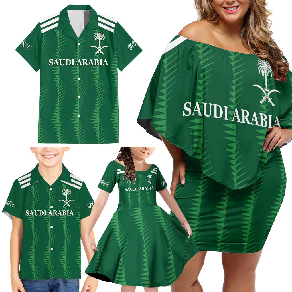 Custom Saudi Arabia Football Family Matching Off Shoulder Short Dress and Hawaiian Shirt Green Al -Arabiyyah Concept 23-2024 LT9 - Wonder Print Shop