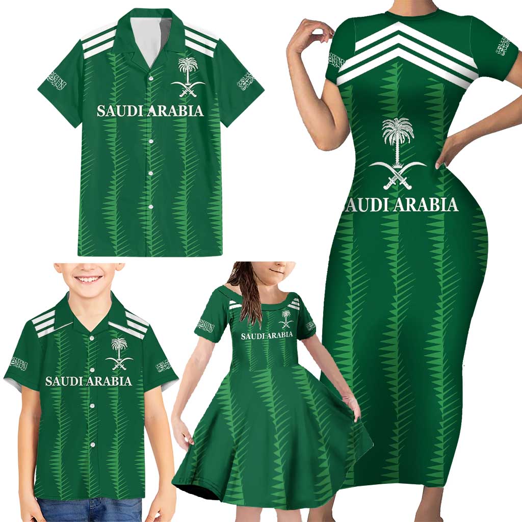 Custom Saudi Arabia Football Family Matching Short Sleeve Bodycon Dress and Hawaiian Shirt Green Al -Arabiyyah Concept 23-2024 - Wonder Print Shop