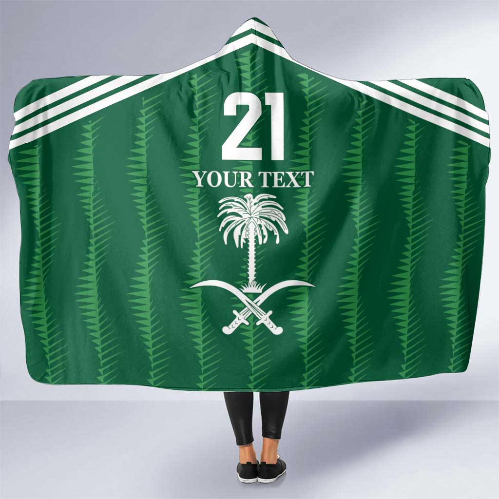 Green hooded football blanket with white stripes and number 21 front graphic