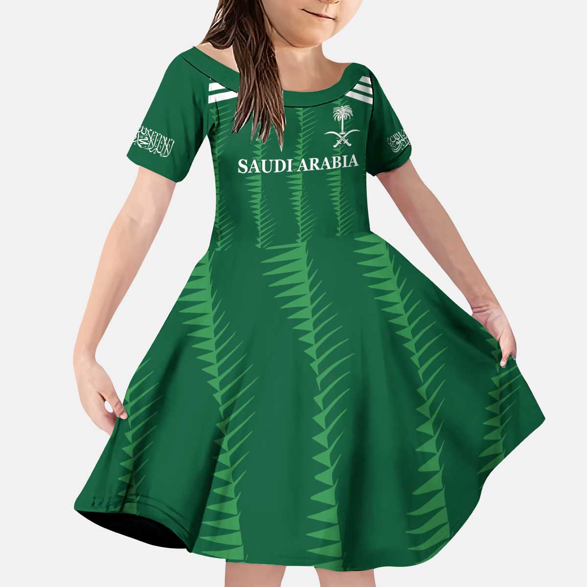 Custom Saudi Arabia Football Kid Short Sleeve Dress Green Al -Arabiyyah Concept 23-2024 - Wonder Print Shop