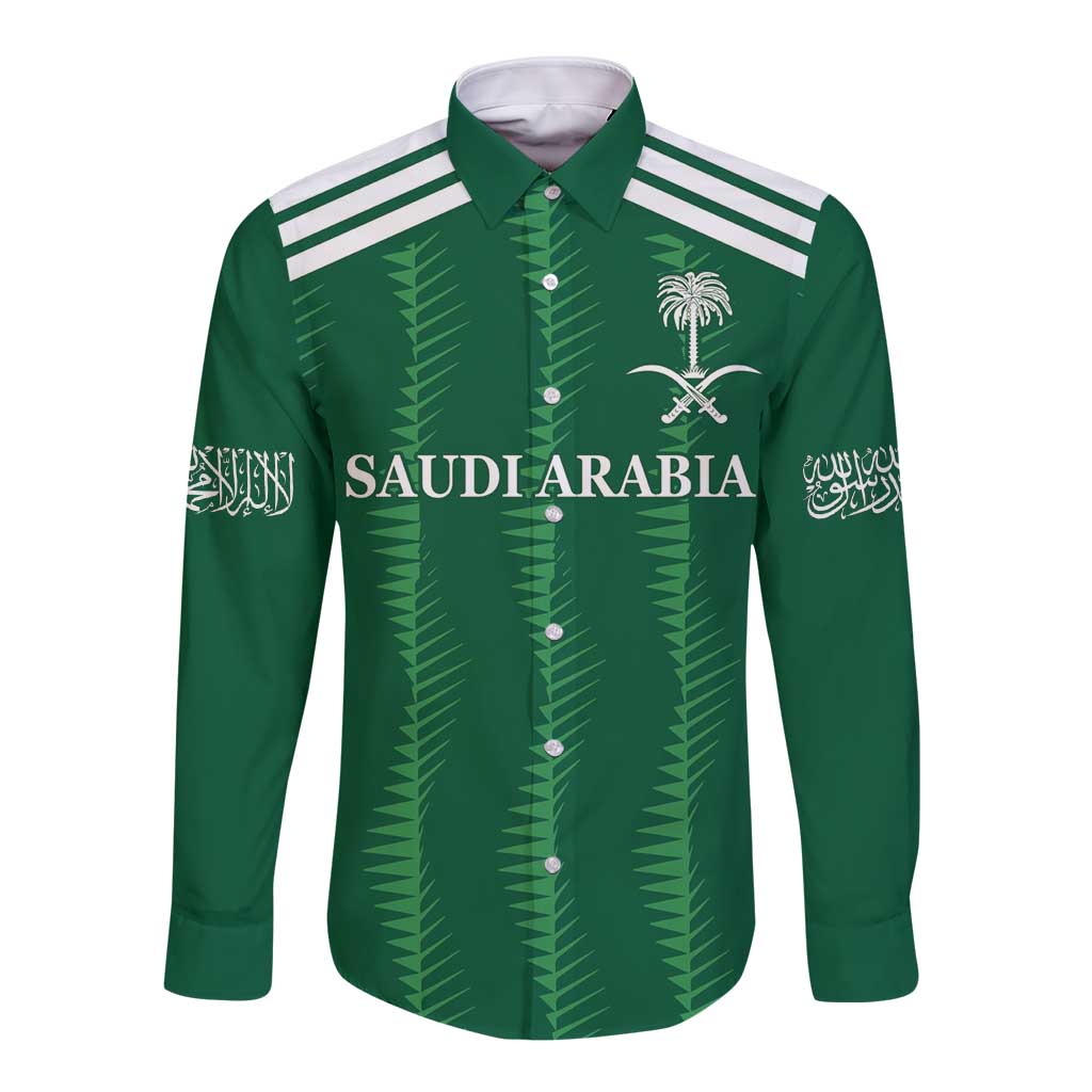 Green long-sleeve football button shirt with striped collar and Saudi Arabia graphic