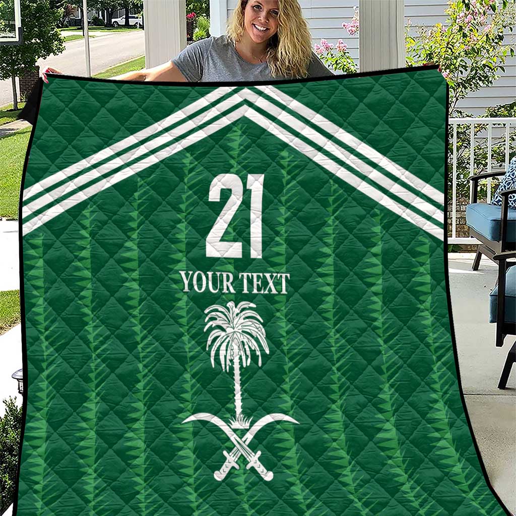 Green custom football quilt: white 21, palm, crossed swords, YOUR TEXT