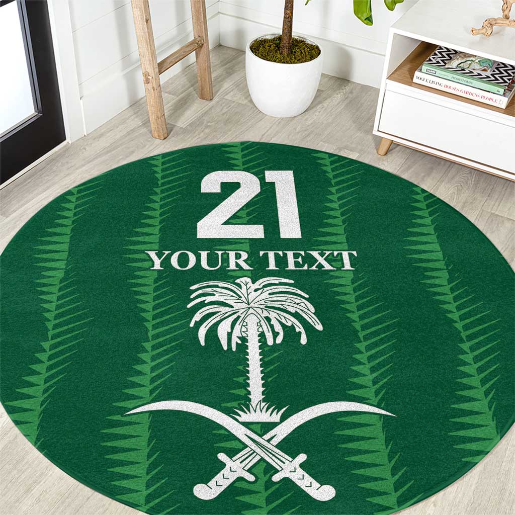 Round green area rug with '21 YOUR TEXT' palm tree and crossed rifles graphic