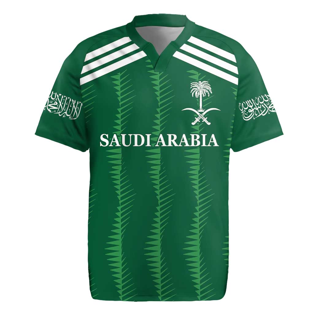 Green football jersey with white shoulder stripes, palm emblem, and SAUDI ARABIA text