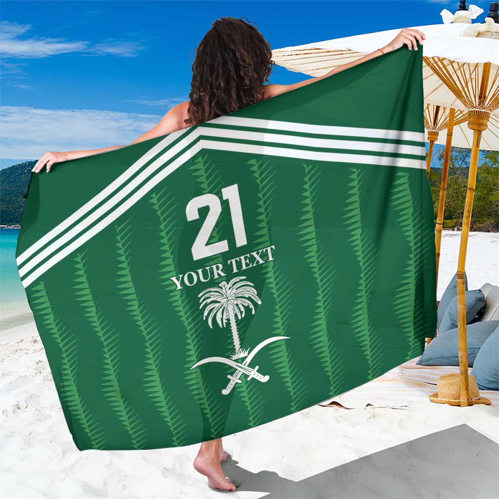 Green custom football sarong with 21 graphic, palm tree and crossed swords, draped wide