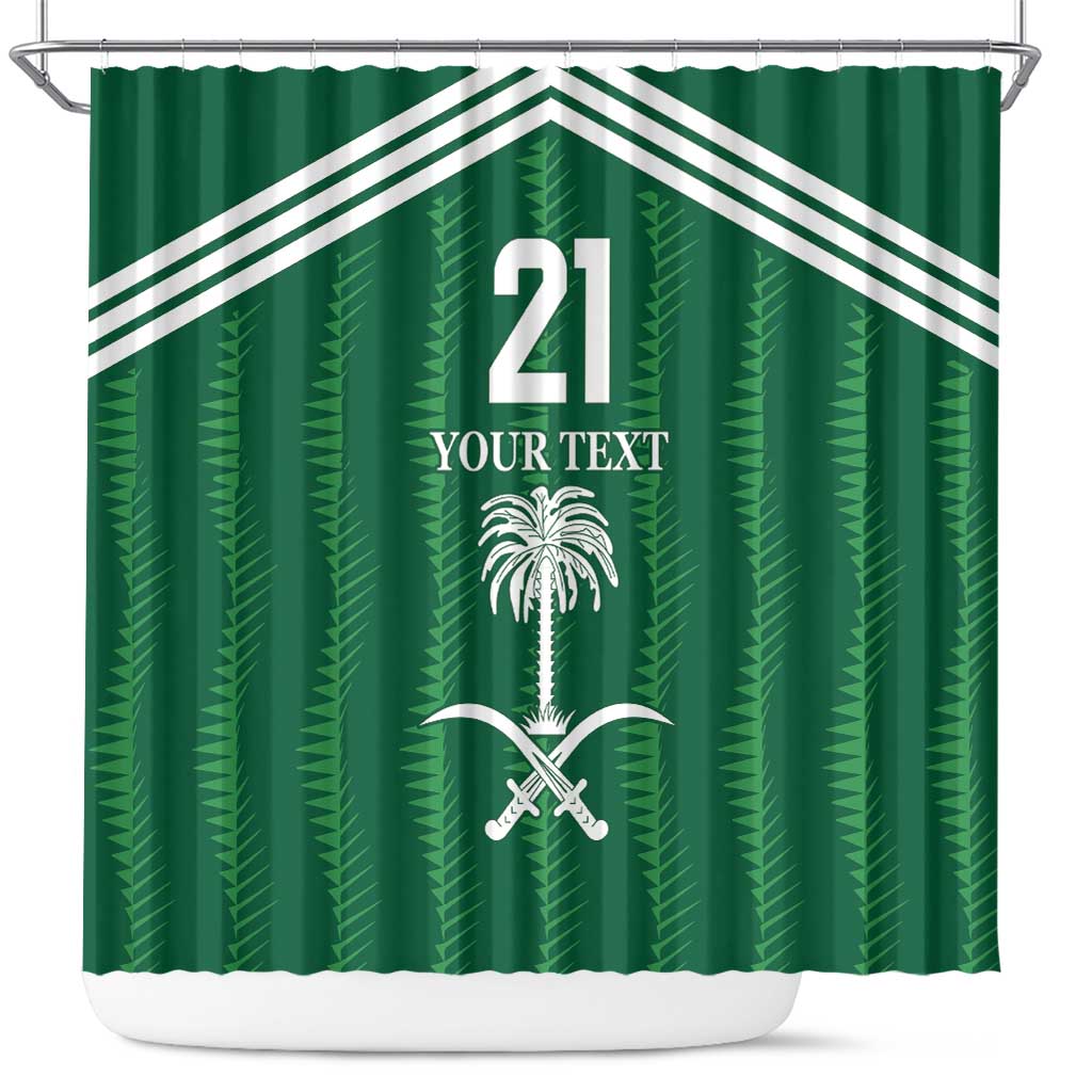 Green football-themed shower curtain with bold 21 and palm-and-swords graphic