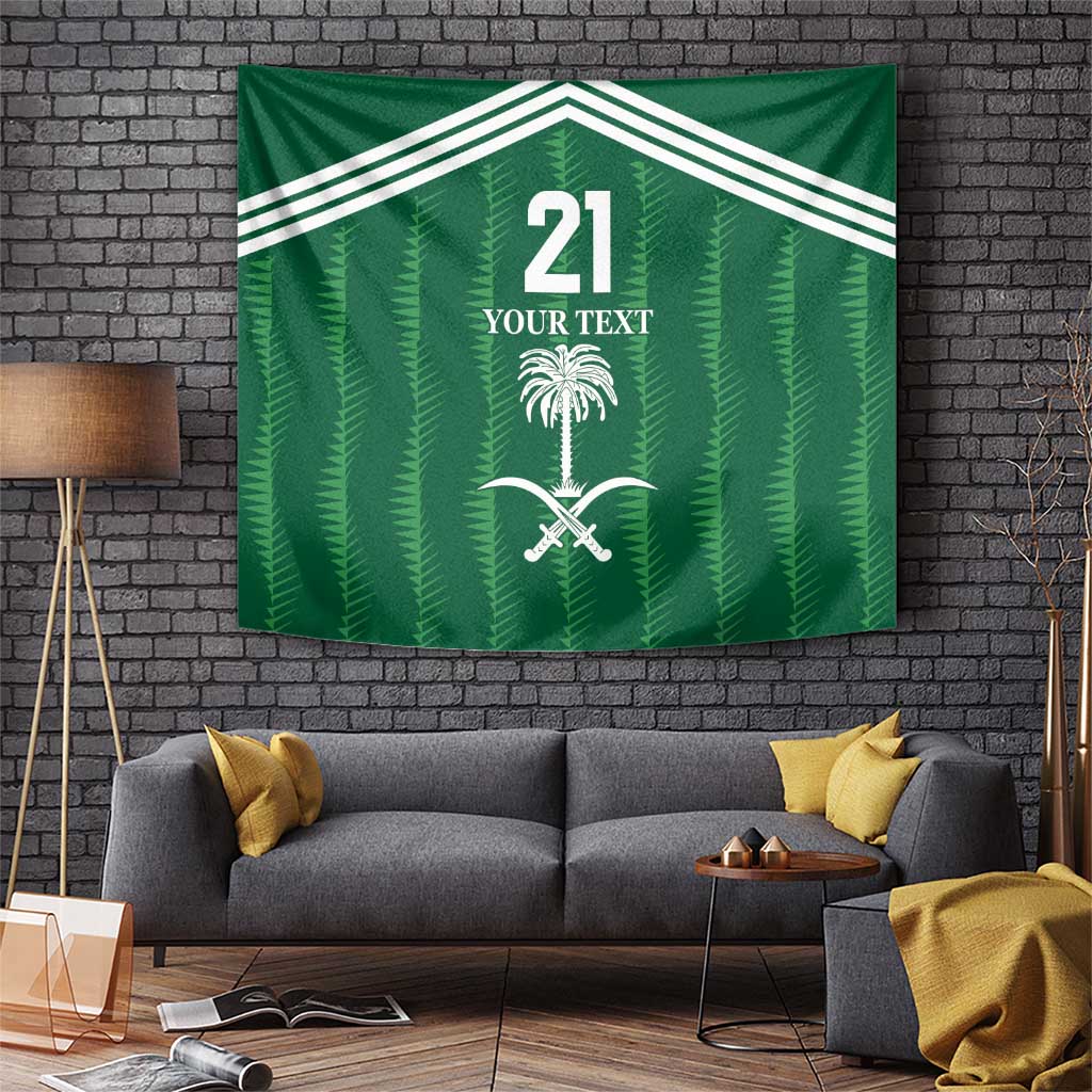 Green football tapestry wall hanging: 21, YOUR TEXT, palm tree, crossed swords