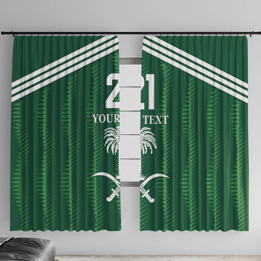 Green window curtain panels with diagonal white stripe and large number 21 graphic
