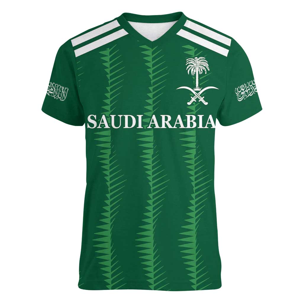 Custom Saudi Arabia Football Women V-Neck T-Shirt Green Al -Arabiyyah Concept 23-2024 - Wonder Print Shop