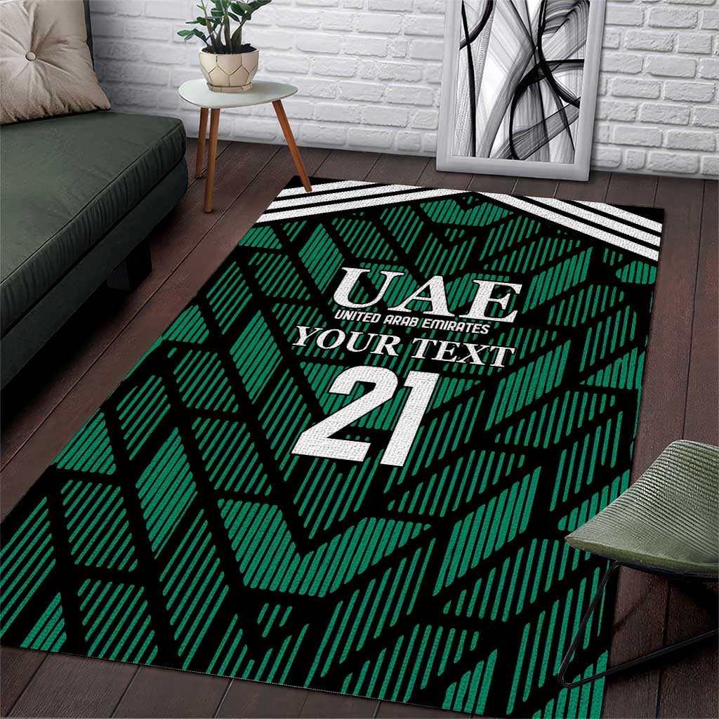 Green football area rug with UAE logo and 'Your Text' over '21' graphic