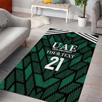Green UAE football area rug showing bold '21' and Emirates text in center