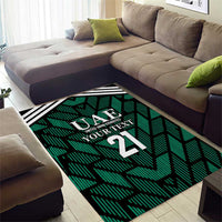 Green UAE football area rug with 'Your Text' and large '21' in center