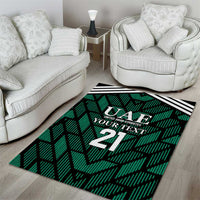 Green football area rug with UAE logo, 'Your Text', and large '21' on stripes