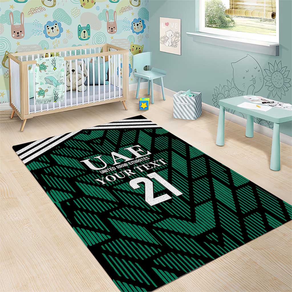 Green UAE football area rug with 'Your Text' and bold '21' centered