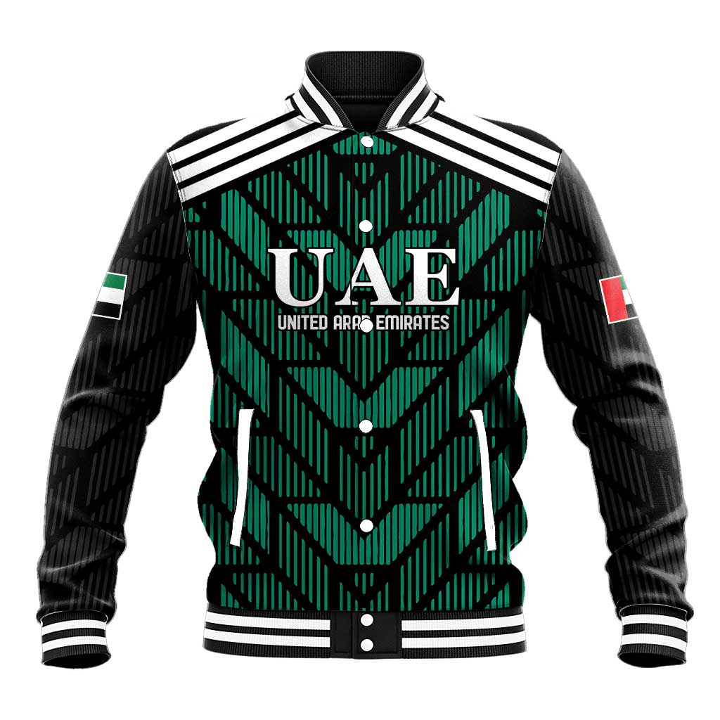 Unisex football baseball jacket, black with green geometric UAE crest and striped collar