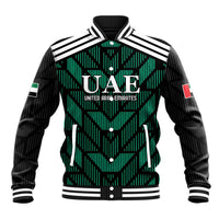 Unisex football baseball jacket, black with green geometric UAE crest and striped collar