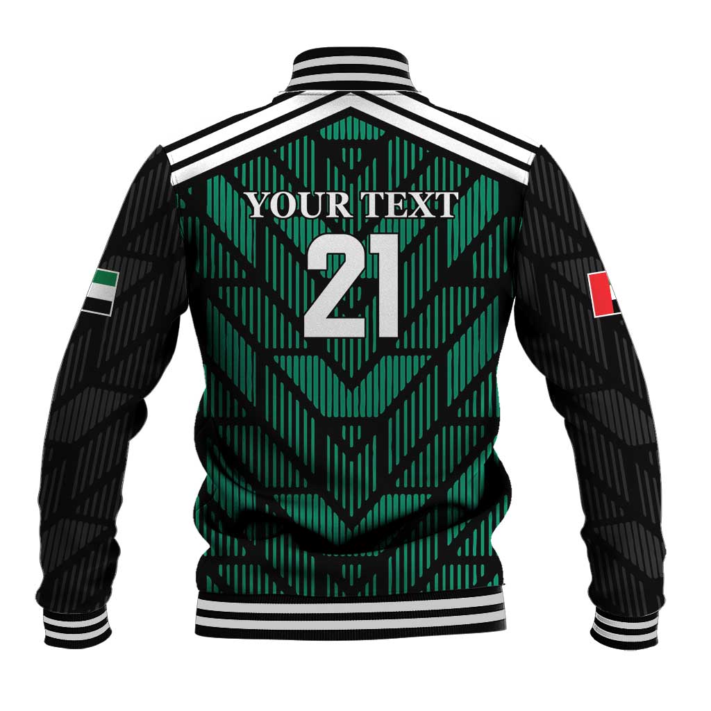 Unisex football baseball jacket, black with green geometric back print “YOUR TEXT 21”