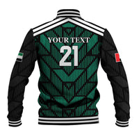 Unisex football baseball jacket, black with green geometric back print “YOUR TEXT 21”