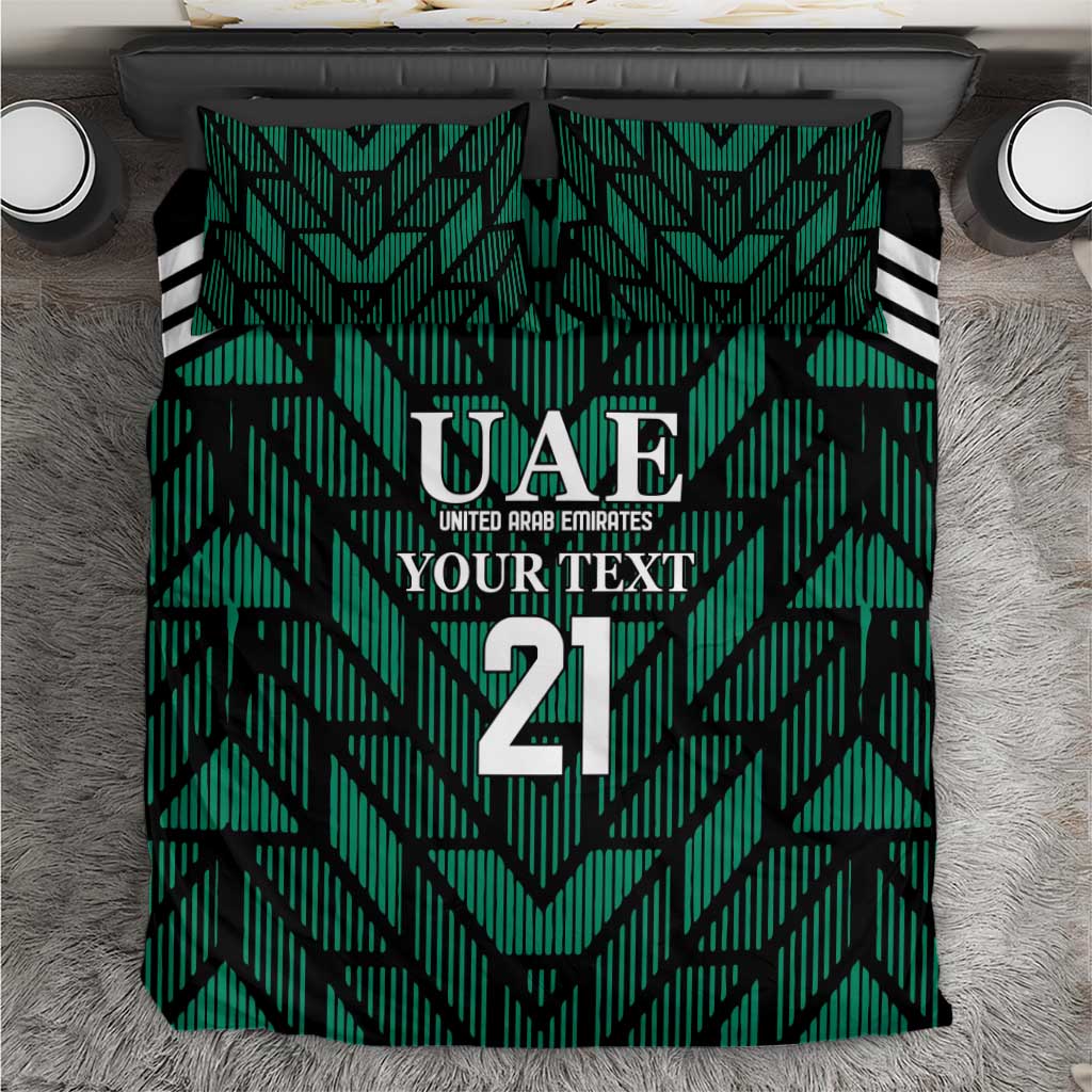 Green UAE football bedding set with geometric stripe pattern and UAE 21 crest on comforter