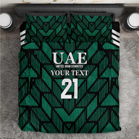 Green UAE football bedding set with geometric stripe pattern and UAE 21 crest on comforter