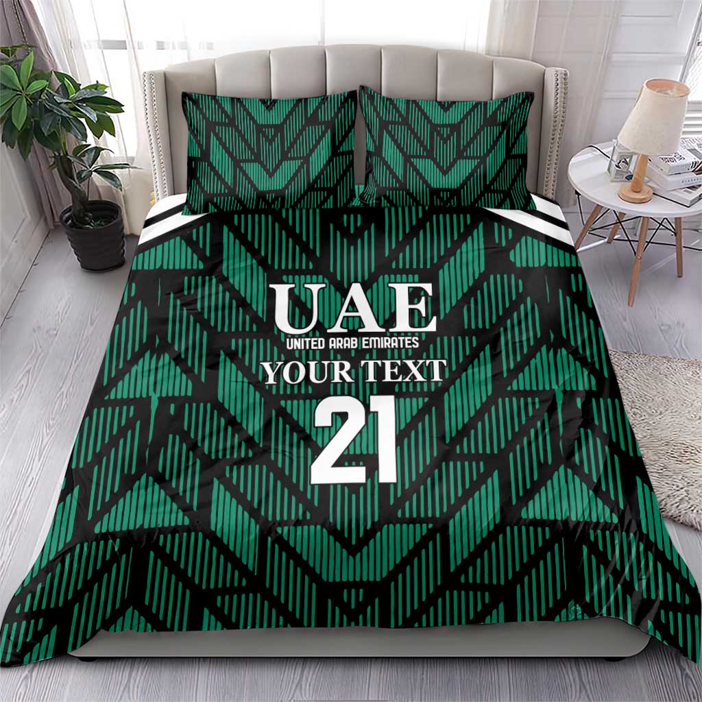 Green UAE football bedding set featuring UAE 21 crest, geometric stripes, and matching pillowcases