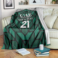 Green football-themed custom blanket with UAE logo and large number 21 on black-green pattern