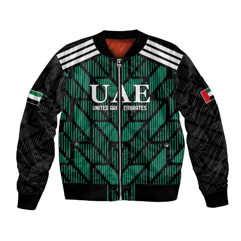 Green and black UAE football bomber jacket, front zip, striped shoulders, ribbed cuffs